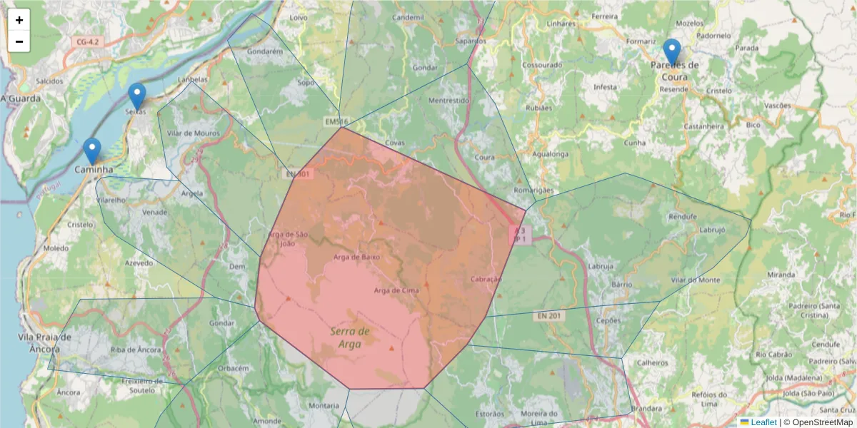 Mapa detalhado do código postal 4920-042 com limites, códigos postais vizinhos e agências dos correios