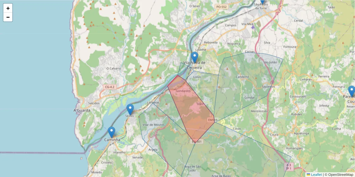 Mapa detalhado do código postal 4920-053 com limites, códigos postais vizinhos e agências dos correios
