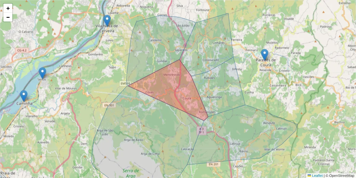 Mapa detalhado do código postal 4920-090 com limites, códigos postais vizinhos e agências dos correios