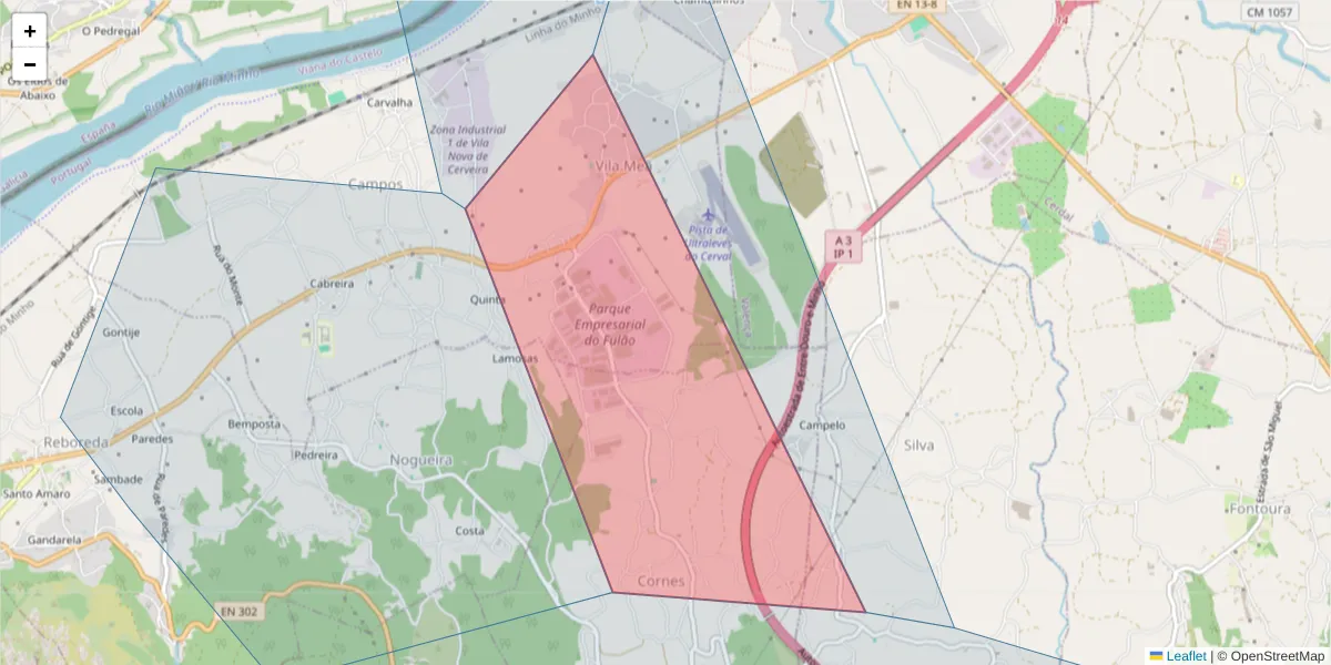 Mapa detalhado do código postal 4920-140 com limites, códigos postais vizinhos e agências dos correios