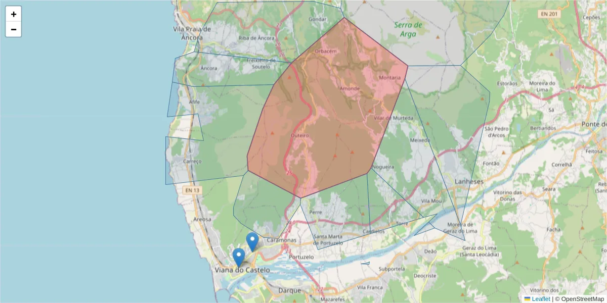 Mapa detalhado do código postal 4925-001 com limites, códigos postais vizinhos e agências dos correios