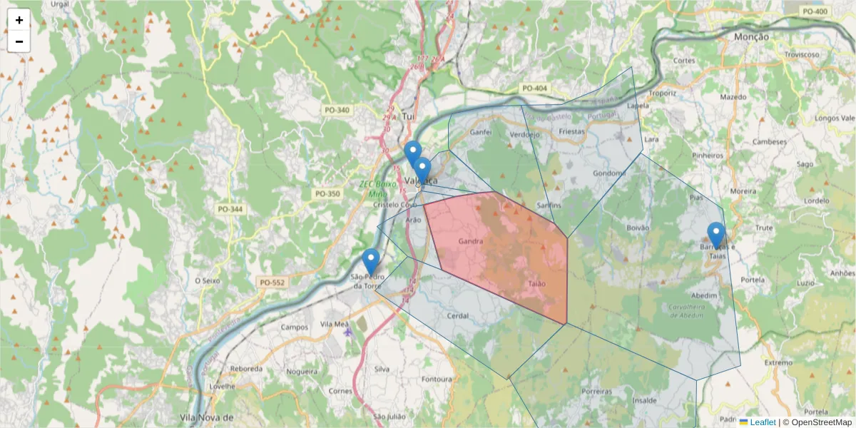 Mapa detalhado do código postal 4930-013 com limites, códigos postais vizinhos e agências dos correios