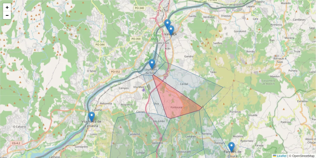 Mapa detalhado do código postal 4930-509 S. Pedro da Torre com limites, códigos postais vizinhos e agências dos correios