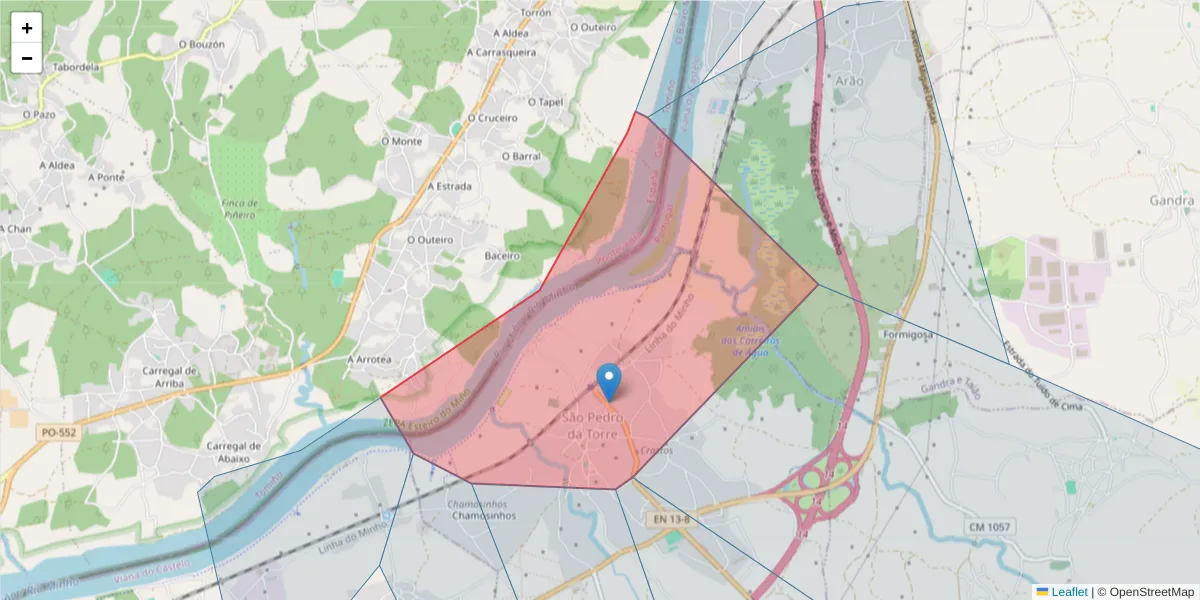 Mapa detalhado do código postal 4930-512 com limites, códigos postais vizinhos e agências dos correios