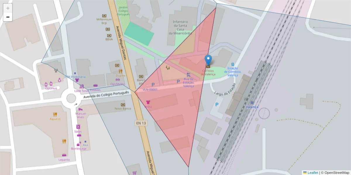 Mapa detalhado do código postal 4930-590 com limites, códigos postais vizinhos e agências dos correios