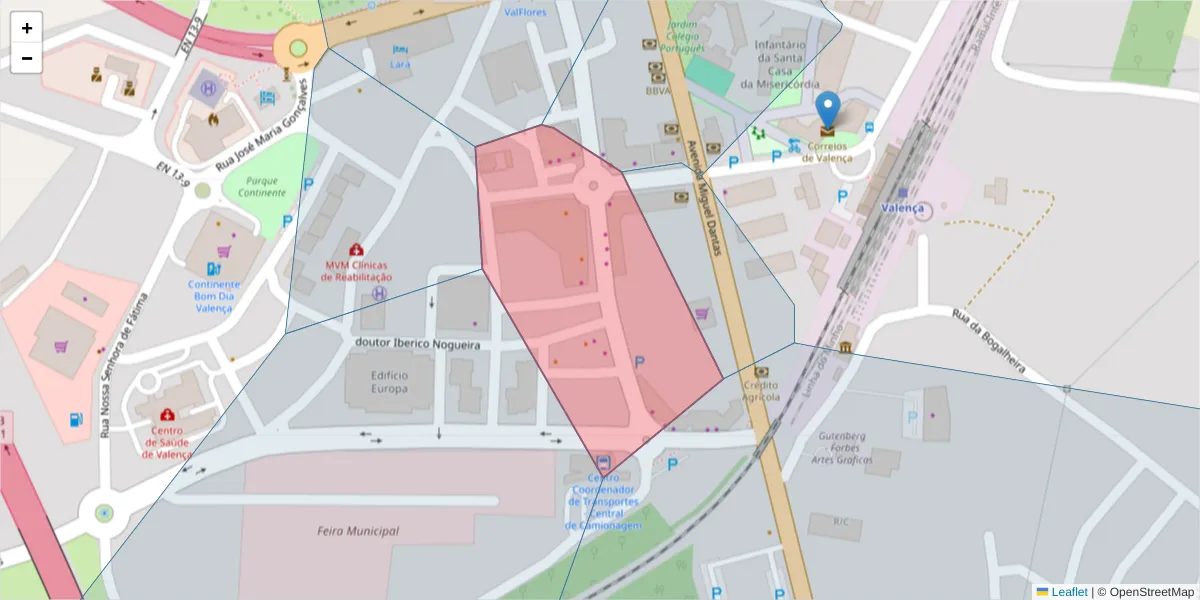 Mapa detalhado do código postal 4930-594 com limites, códigos postais vizinhos e agências dos correios