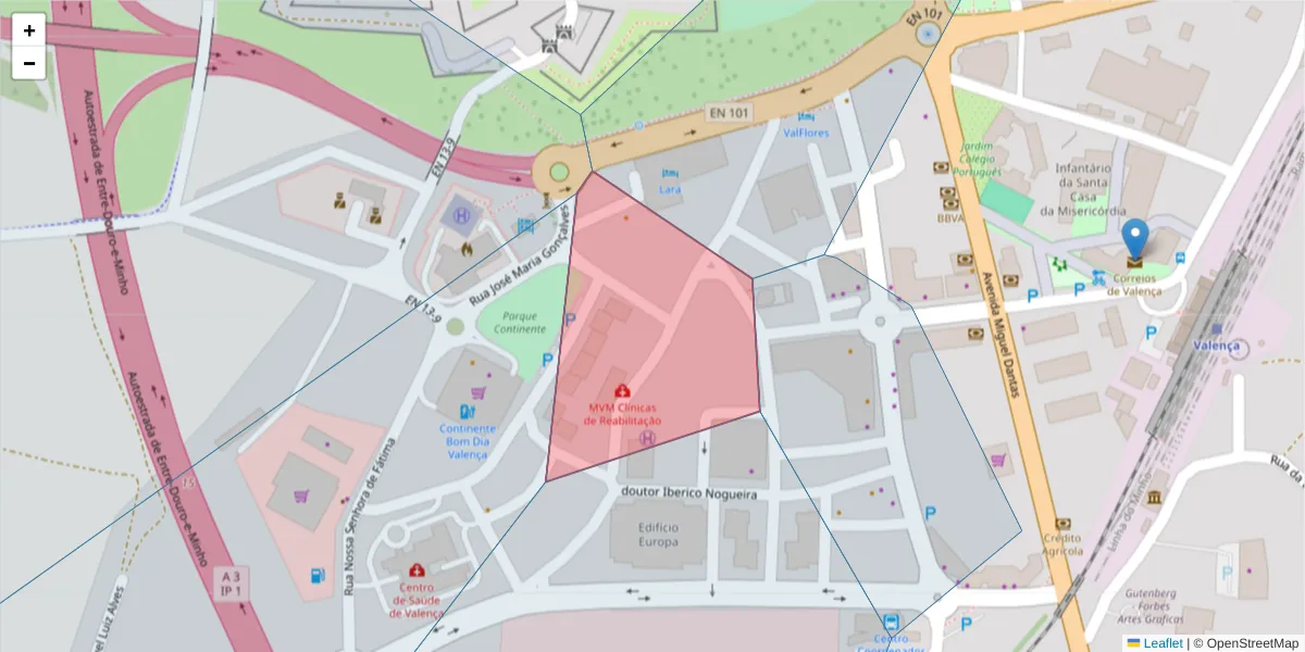 Mapa detalhado do código postal 4930-748 com limites, códigos postais vizinhos e agências dos correios