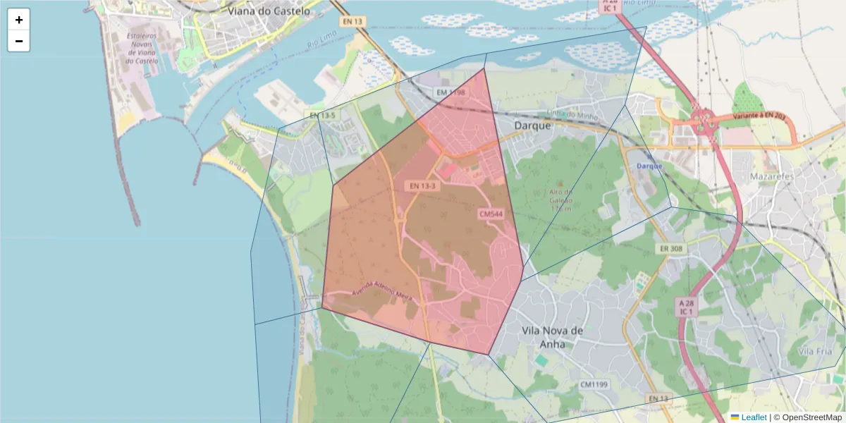 Mapa detalhado do código postal 4935-125 com limites, códigos postais vizinhos e agências dos correios