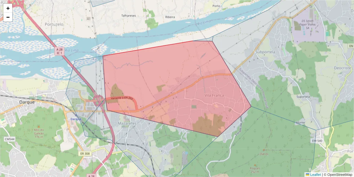 Mapa detalhado do código postal 4935-443 com limites, códigos postais vizinhos e agências dos correios