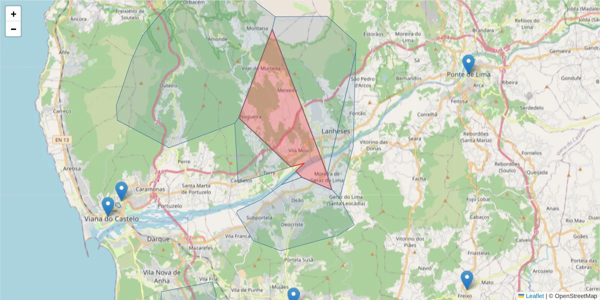 Mapa detalhado do código postal 4935-629 com limites, códigos postais vizinhos e agências dos correios