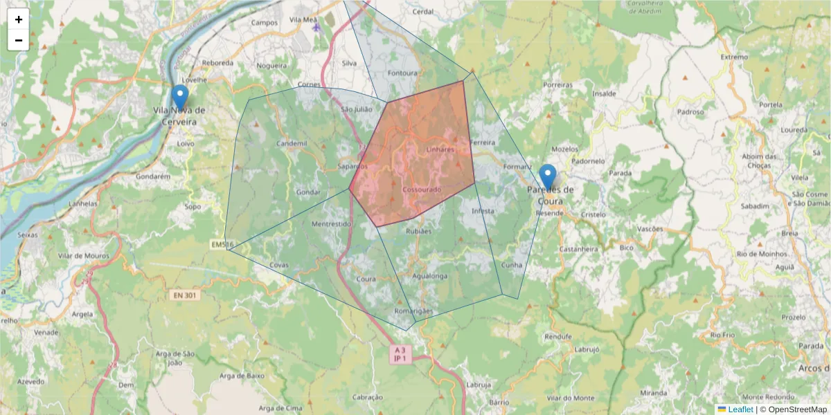 Mapa detalhado do código postal 4940-133 com limites, códigos postais vizinhos e agências dos correios
