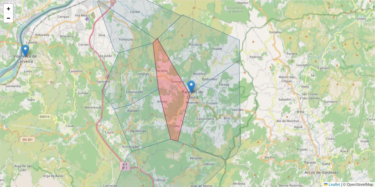 Mapa detalhado do código postal 4940-520 com limites, códigos postais vizinhos e agências dos correios