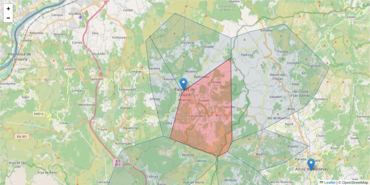 Mapa detalhado do código postal 4940-538 com limites, códigos postais vizinhos e agências dos correios