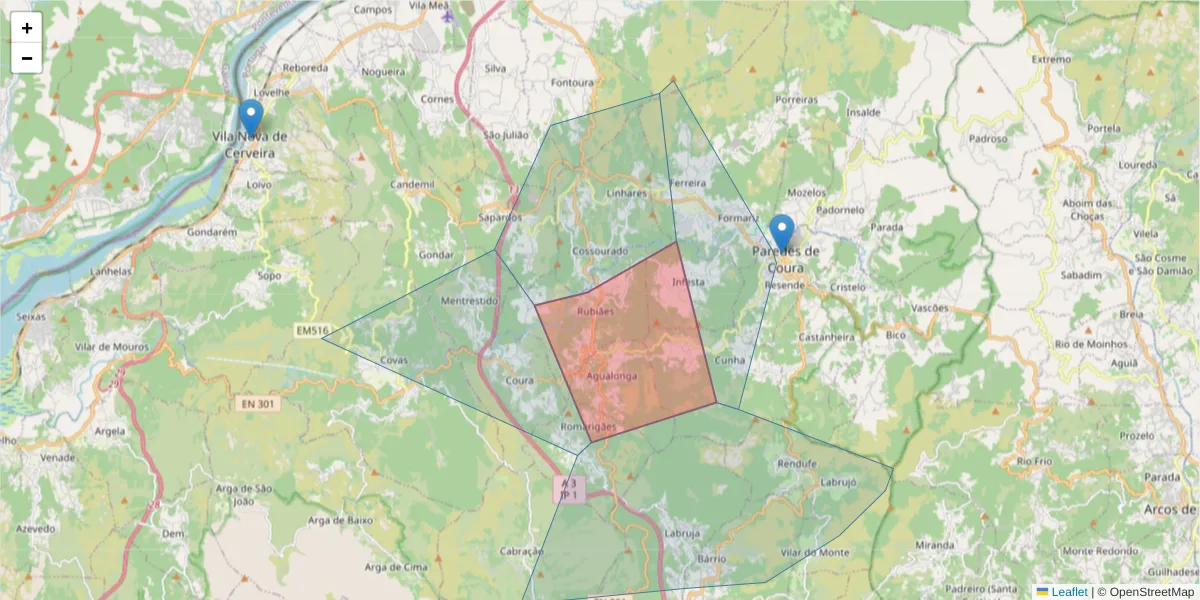 Mapa detalhado do código postal 4940-686 com limites, códigos postais vizinhos e agências dos correios