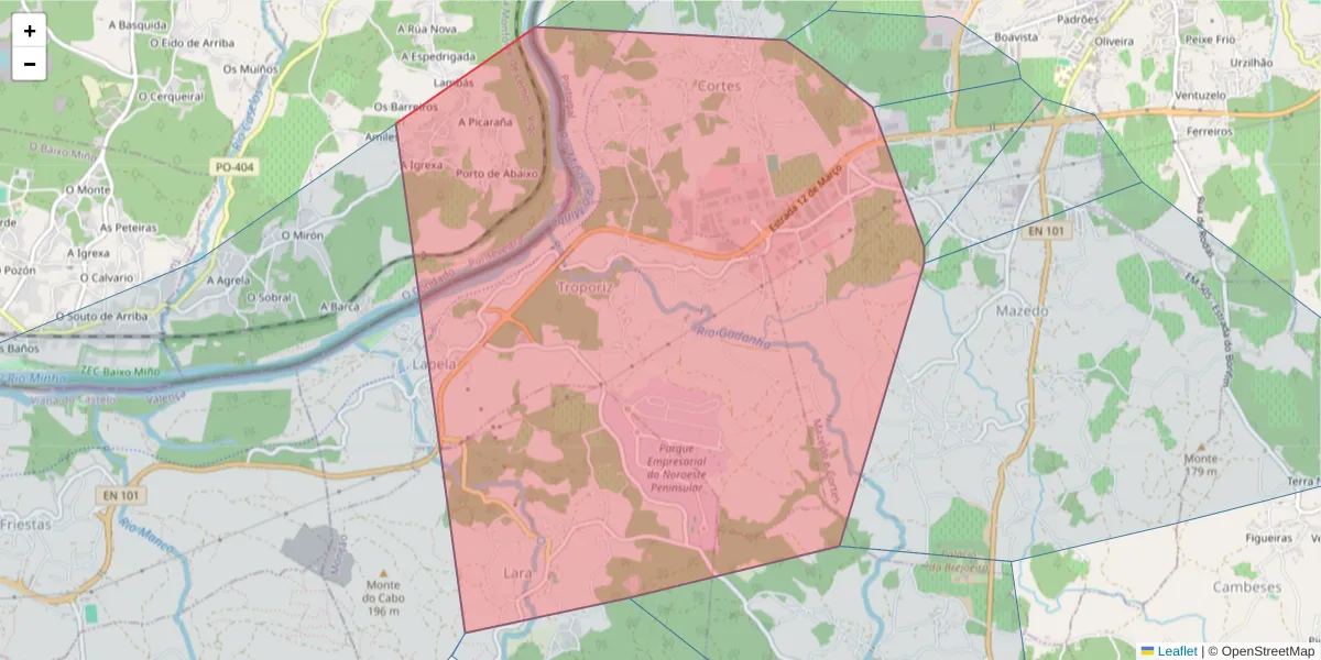 Mapa detalhado do código postal 4950-000 com limites, códigos postais vizinhos e agências dos correios
