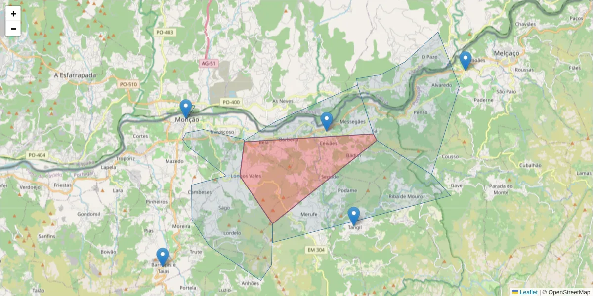 Mapa detalhado do código postal 4950-040 com limites, códigos postais vizinhos e agências dos correios