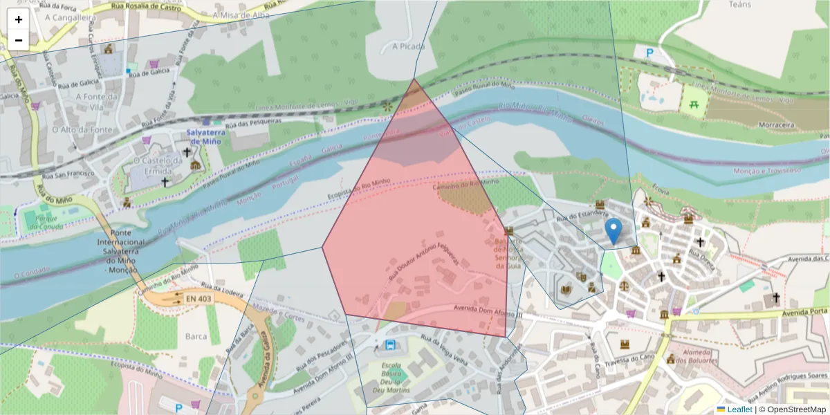 Mapa detalhado do código postal 4950-431 com limites, códigos postais vizinhos e agências dos correios