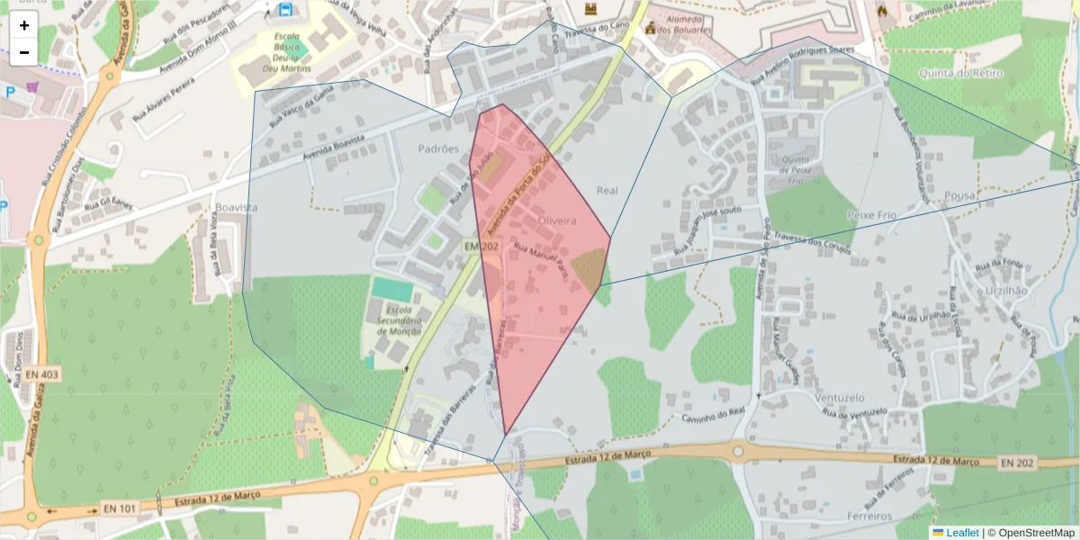 Mapa detalhado do código postal 4950-474 com limites, códigos postais vizinhos e agências dos correios