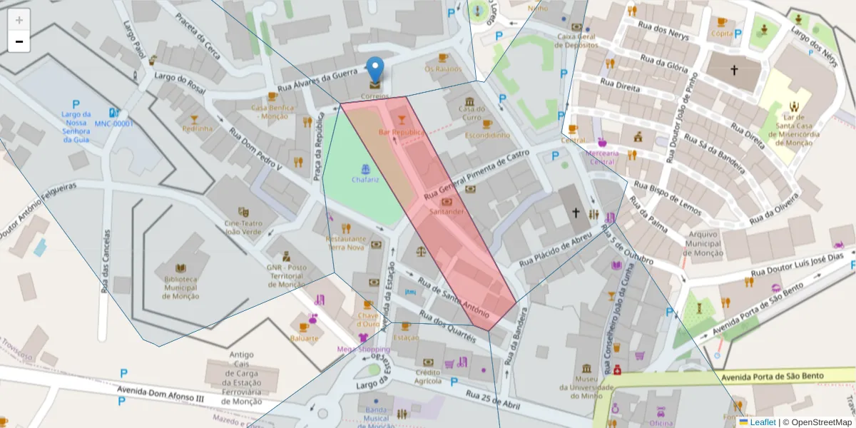 Mapa detalhado do código postal 4950-498 com limites, códigos postais vizinhos e agências dos correios