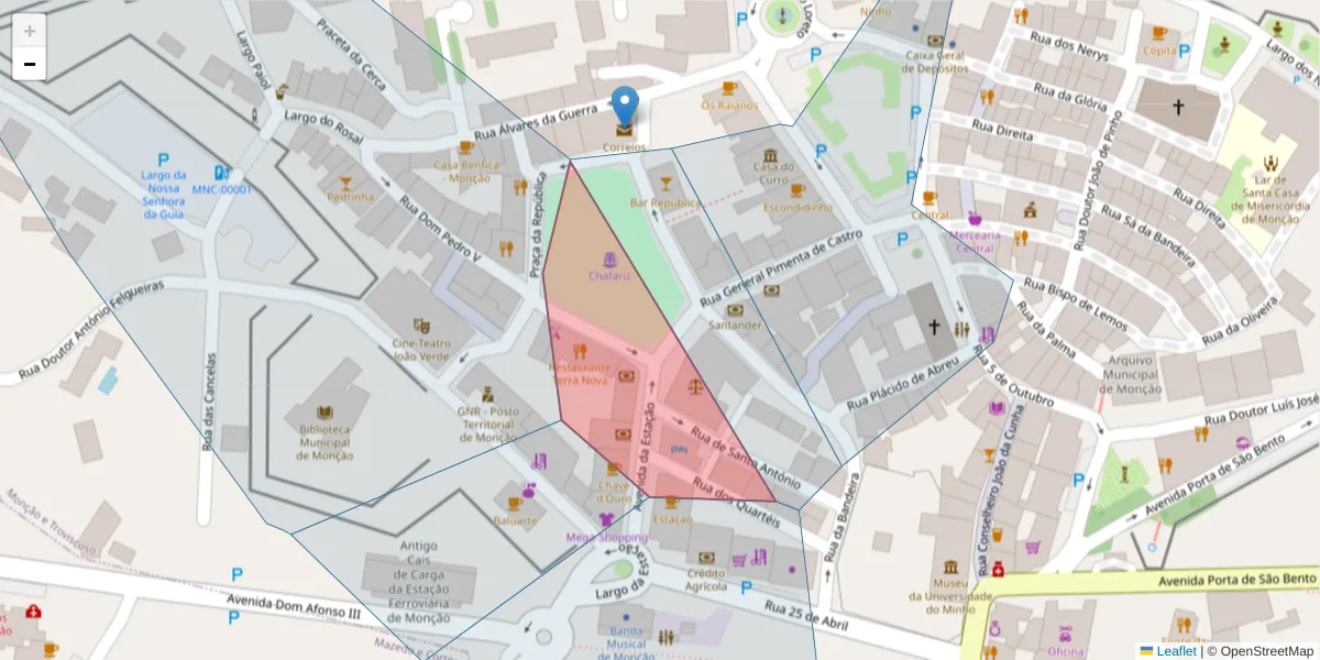 Mapa detalhado do código postal 4950-506 com limites, códigos postais vizinhos e agências dos correios