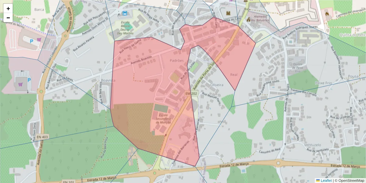 Mapa detalhado do código postal 4950-516 com limites, códigos postais vizinhos e agências dos correios