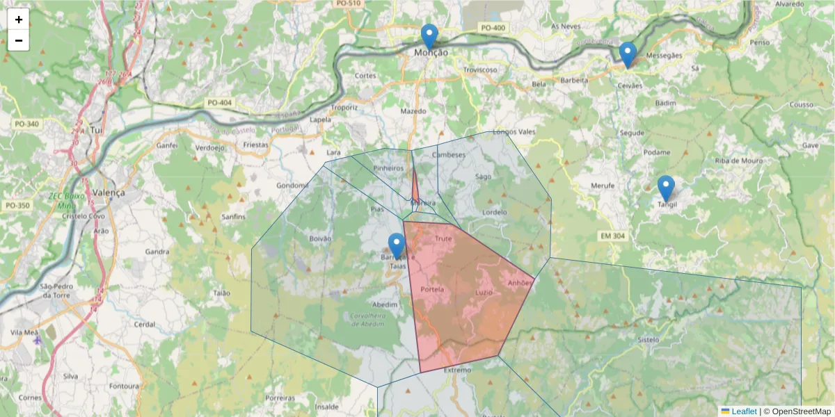 Mapa detalhado do código postal 4950-600 com limites, códigos postais vizinhos e agências dos correios