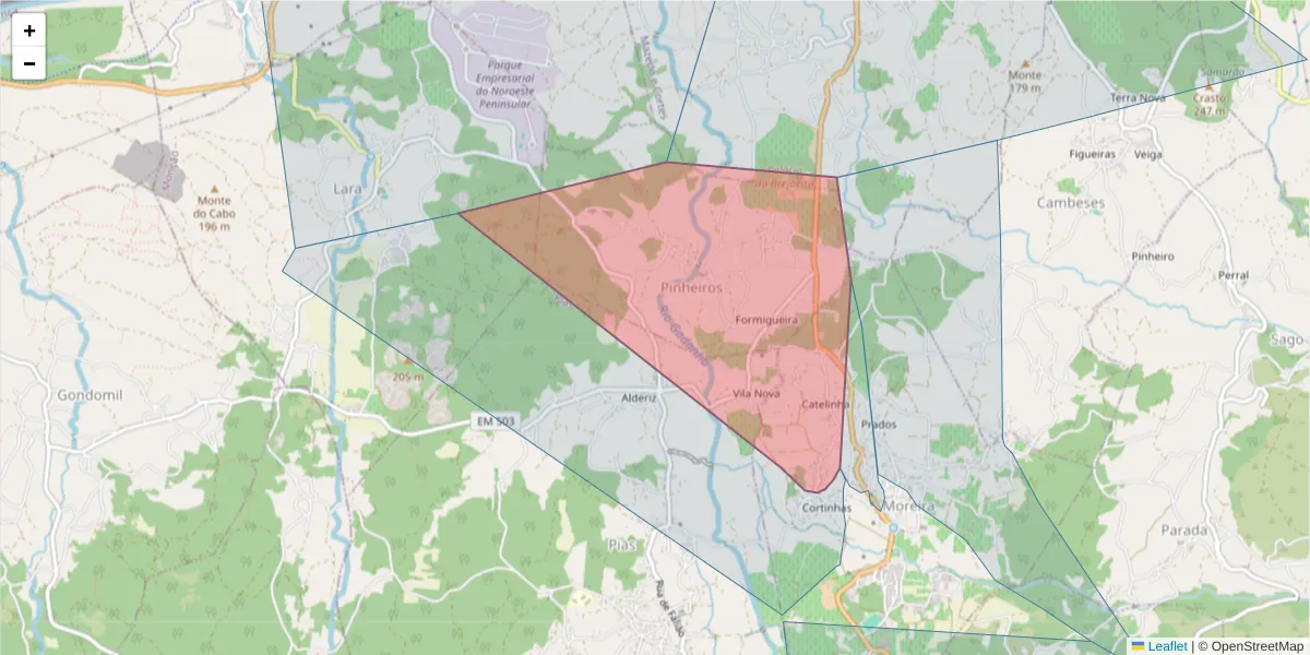 Mapa detalhado do código postal 4950-601 com limites, códigos postais vizinhos e agências dos correios