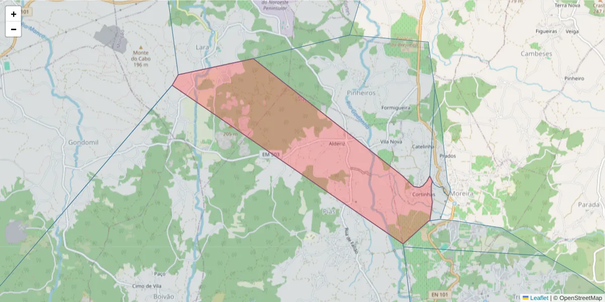 Mapa detalhado do código postal 4950-605 com limites, códigos postais vizinhos e agências dos correios