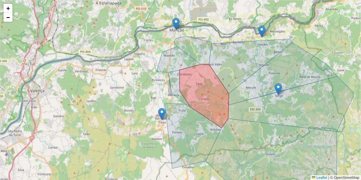 Mapa detalhado do código postal 4950-609 com limites, códigos postais vizinhos e agências dos correios