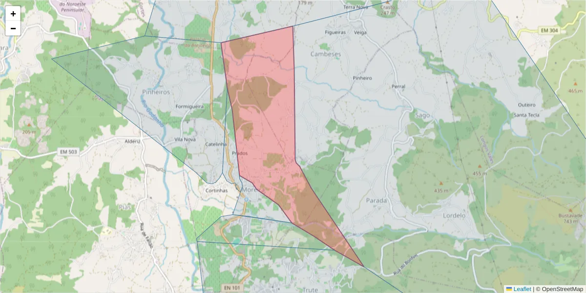 Mapa detalhado do código postal 4950-617 com limites, códigos postais vizinhos e agências dos correios