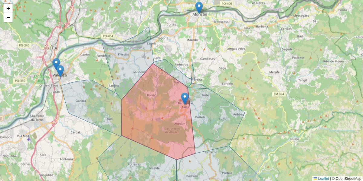 Mapa detalhado do código postal 4950-643 com limites, códigos postais vizinhos e agências dos correios