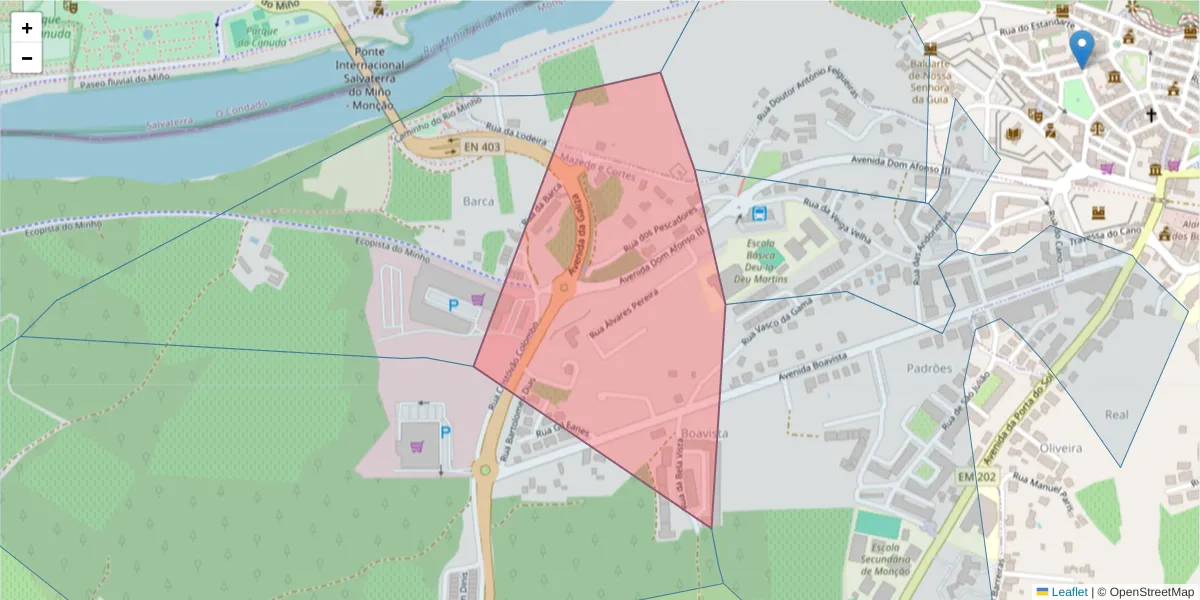 Mapa detalhado do código postal 4950-850 com limites, códigos postais vizinhos e agências dos correios