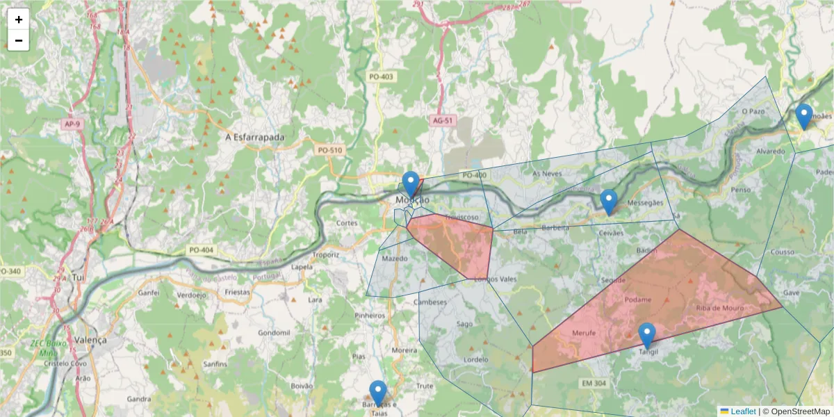 Mapa detalhado do código postal 4950 com limites, códigos postais vizinhos e agências dos correios