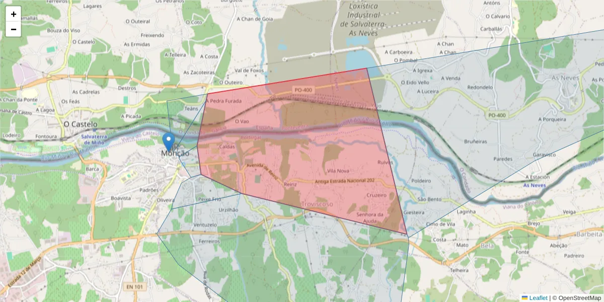 Mapa detalhado do código postal 4959-442 com limites, códigos postais vizinhos e agências dos correios