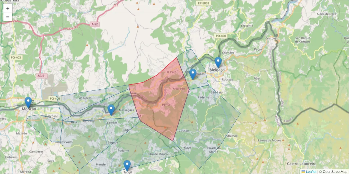 Mapa detalhado do código postal 4960-010 com limites, códigos postais vizinhos e agências dos correios