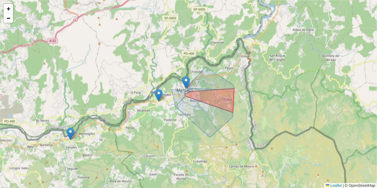 Mapa detalhado do código postal 4960-366 com limites, códigos postais vizinhos e agências dos correios
