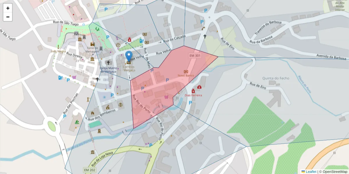 Mapa detalhado do código postal 4960-522 com limites, códigos postais vizinhos e agências dos correios