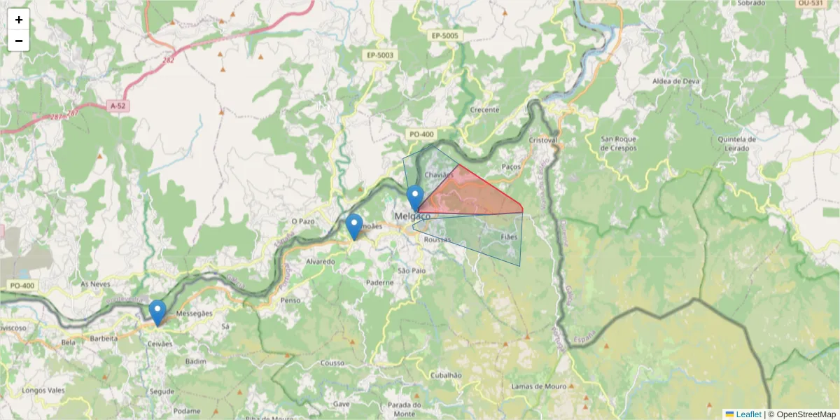 Mapa detalhado do código postal 4960-531 com limites, códigos postais vizinhos e agências dos correios