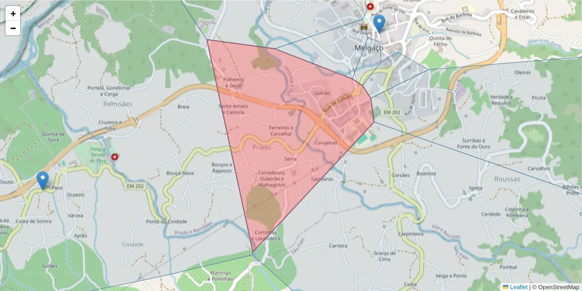 Mapa detalhado do código postal 4960-549 com limites, códigos postais vizinhos e agências dos correios