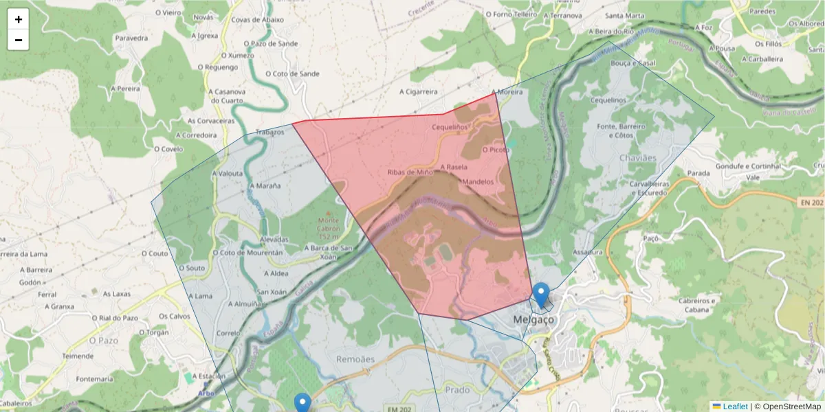 Mapa detalhado do código postal 4960 565 com limites, códigos postais vizinhos e agências dos correios