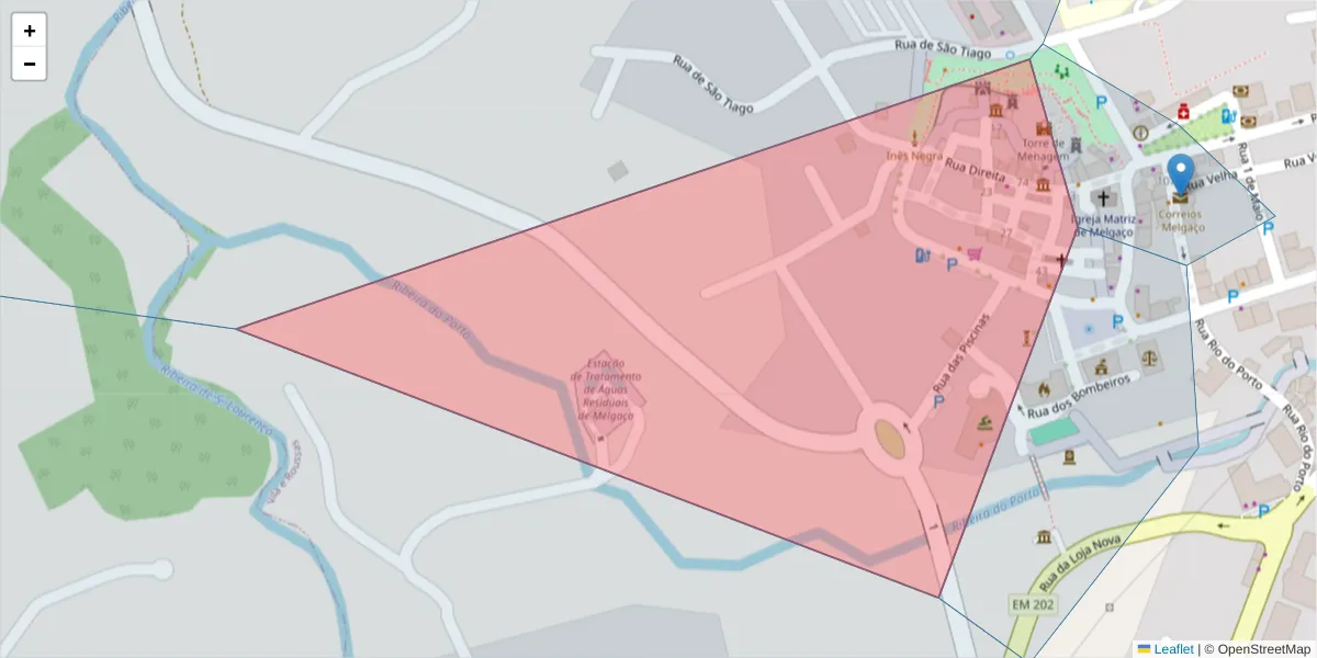 Mapa detalhado do código postal 4960-574 com limites, códigos postais vizinhos e agências dos correios