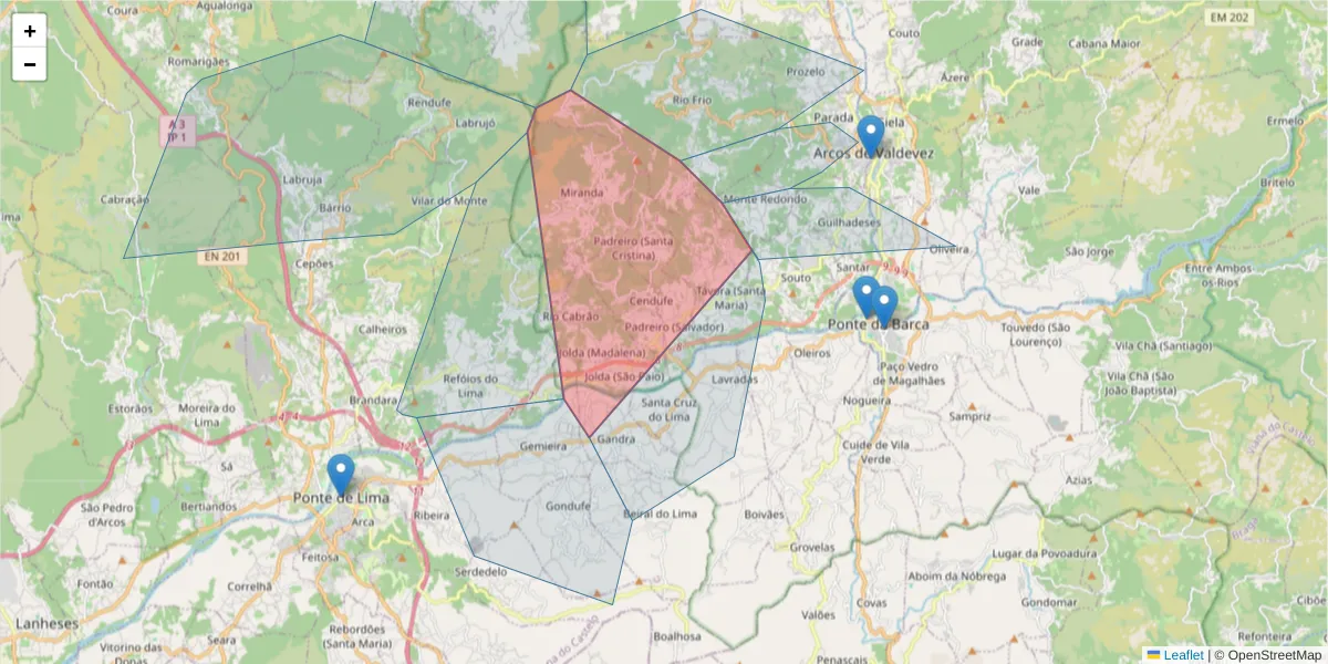 Mapa detalhado do código postal 4970-114 com limites, códigos postais vizinhos e agências dos correios