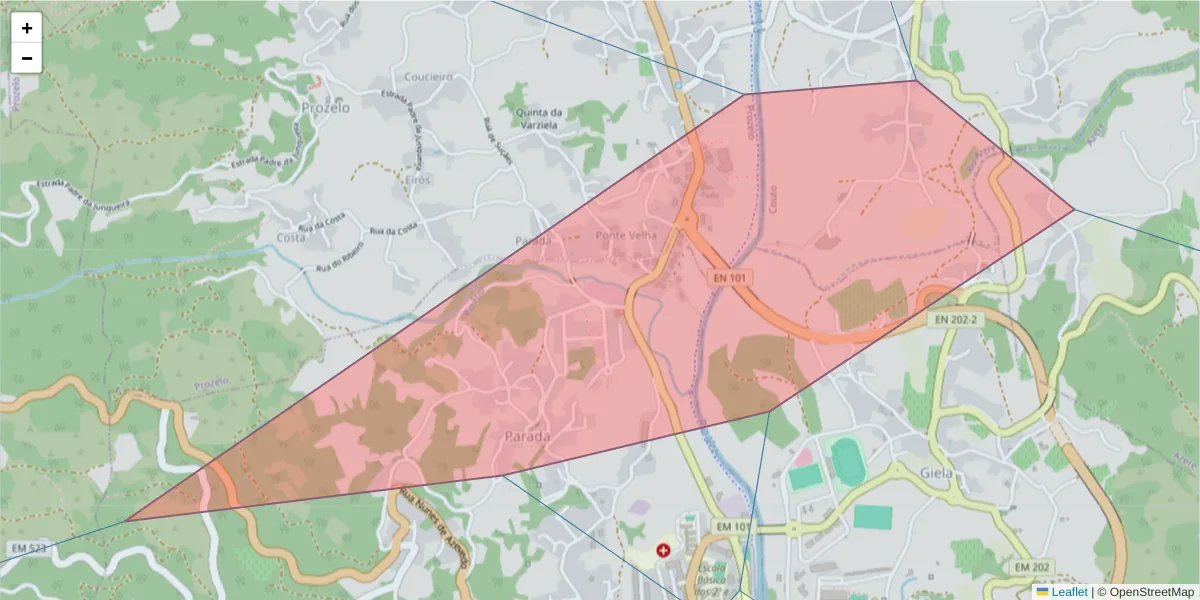 Mapa detalhado do código postal 4970-272 com limites, códigos postais vizinhos e agências dos correios