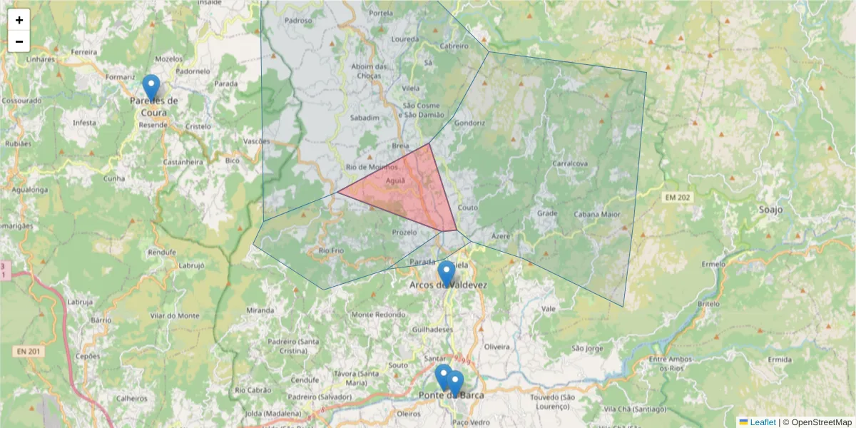 Mapa detalhado do código postal 4970-285 com limites, códigos postais vizinhos e agências dos correios