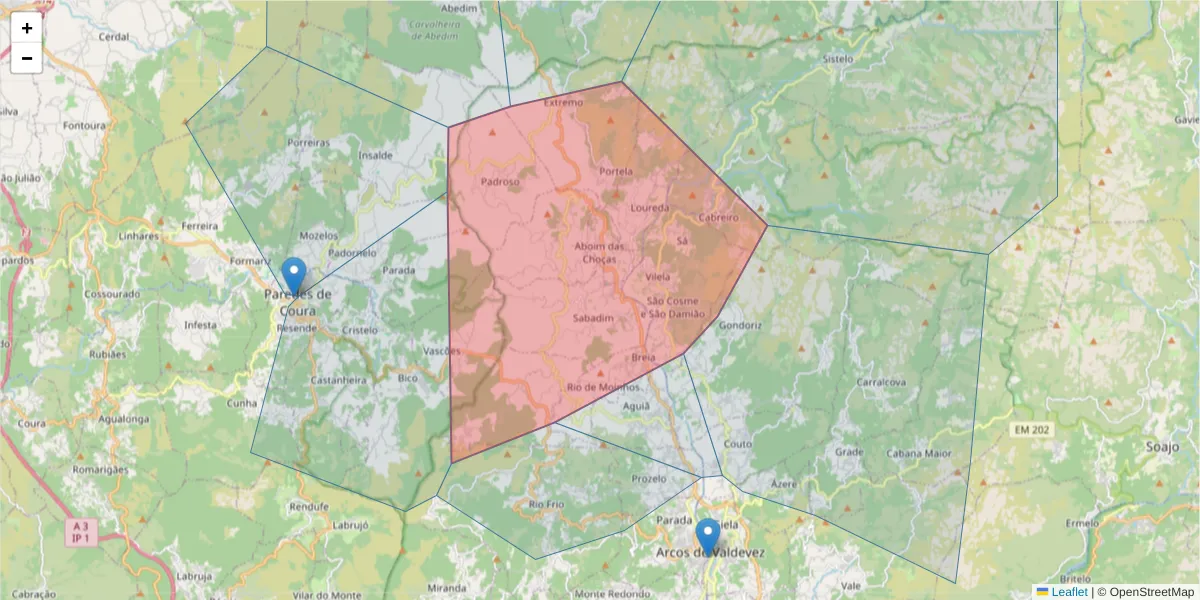 Mapa detalhado do código postal 4970-388 com limites, códigos postais vizinhos e agências dos correios