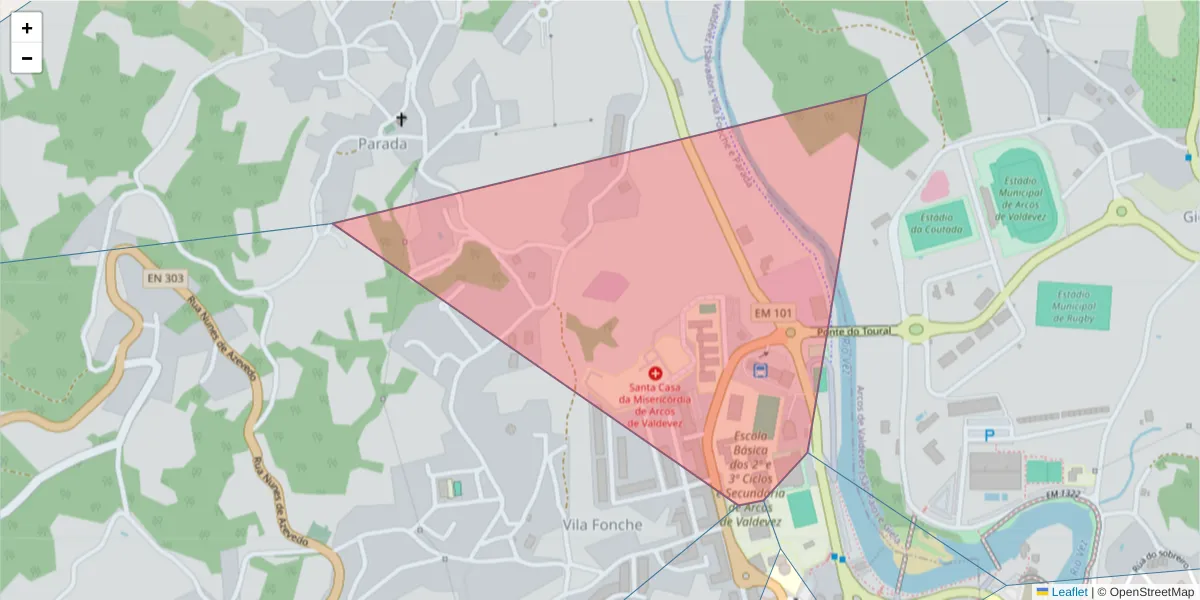 Mapa detalhado do código postal 4970-457 com limites, códigos postais vizinhos e agências dos correios
