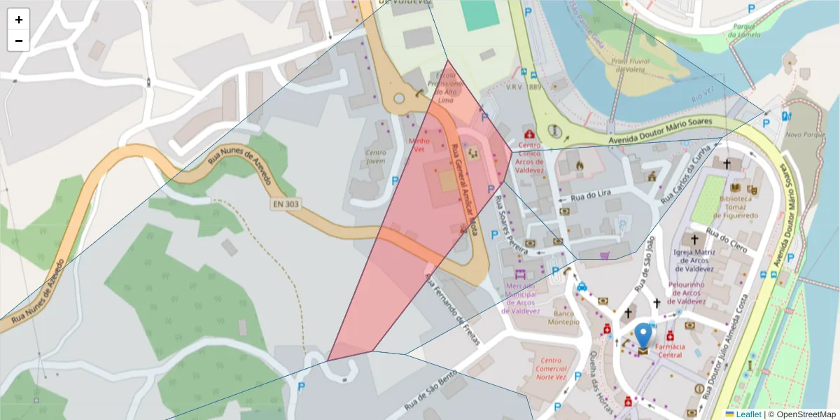 Mapa detalhado do código postal 4970-459 com limites, códigos postais vizinhos e agências dos correios
