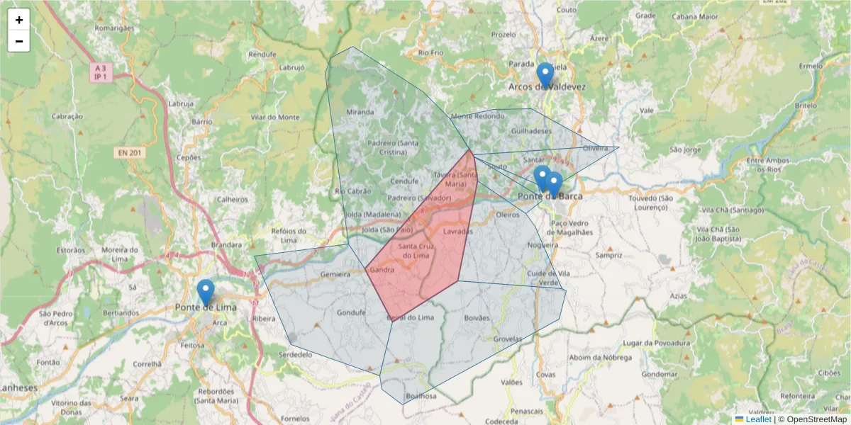 Mapa detalhado do código postal 4970-500 com limites, códigos postais vizinhos e agências dos correios