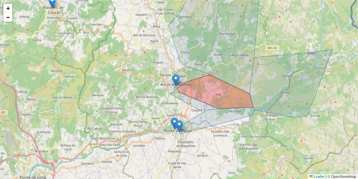 Mapa detalhado do código postal 4970-592 com limites, códigos postais vizinhos e agências dos correios