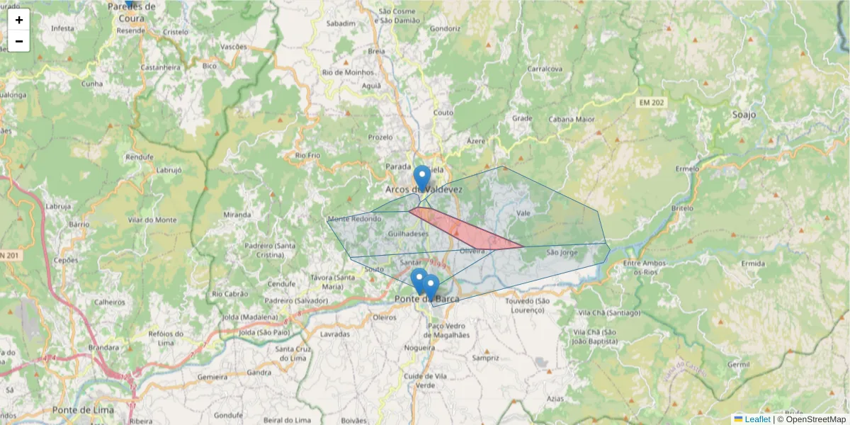Mapa detalhado do código postal 4970-595 com limites, códigos postais vizinhos e agências dos correios